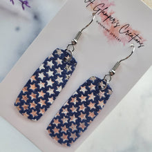 Load image into Gallery viewer, Silver Metallic Stars on Blue Mini Bar Leather Earrings