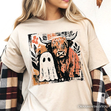 Load image into Gallery viewer, Highland Cow Ghost Fall T-Shirt, Spooky Season Halloween Tee: Natural / L