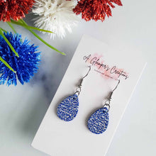 Load image into Gallery viewer, Silver Sparkle on Blue MINI Teardrop Leather Earrings