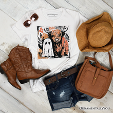 Load image into Gallery viewer, Highland Cow Ghost Fall T-Shirt, Spooky Season Halloween Tee: Natural / S