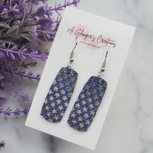 Load image into Gallery viewer, Silver Metallic Stars on Blue Mini Bar Leather Earrings