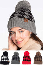 Load image into Gallery viewer, C.C Houndstooth Knit Beanie With Pom: Taupe/Brown

