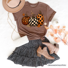 Load image into Gallery viewer, Leopard Checkered Pumpkin T-Shirt, Autumn Fall Tee: Vintage Brown / L

