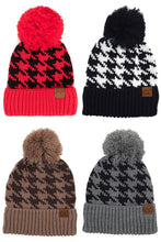 Load image into Gallery viewer, C.C Houndstooth Knit Beanie With Pom: Taupe/Brown

