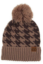 Load image into Gallery viewer, C.C Houndstooth Knit Beanie With Pom: Taupe/Brown
