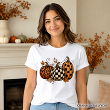 Load image into Gallery viewer, Leopard Checkered Pumpkin T-Shirt, Autumn Fall Tee: Vintage Brown / S
