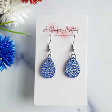 Load image into Gallery viewer, Silver Sparkle on Blue MINI Teardrop Leather Earrings
