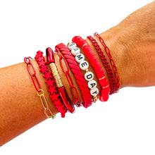 Load image into Gallery viewer, Red Game Day Bracelets &amp;  Necklaces: GAME DAY GOLD WORD WITH FOOTBALL ACCENT
