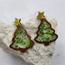 Load image into Gallery viewer, Glitter Acrylic and Wooden Christmas Tree Earrings
